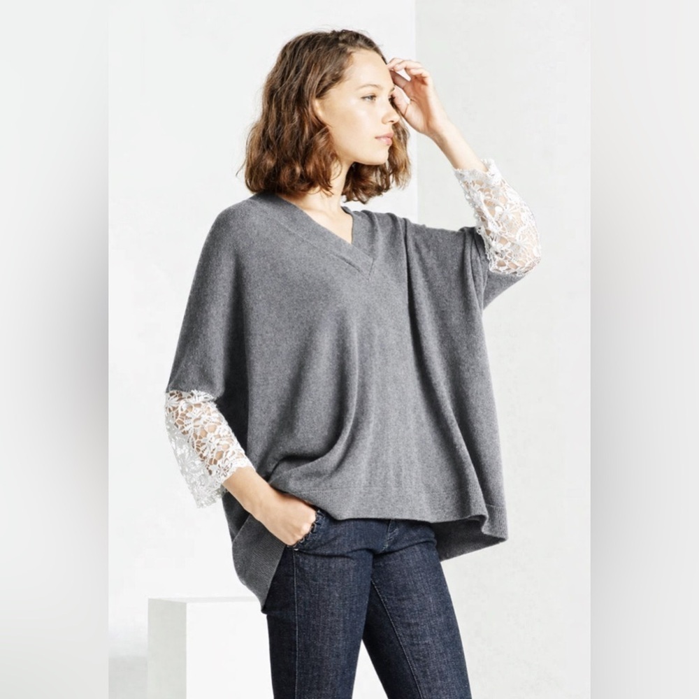 Claudie Pierlot Cashmere Wool Oversized Relaxed Sweater Lace Sleeve Gray Size M